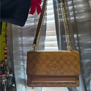 Coach Brown Signature Canvas Chain Crossbody Bag